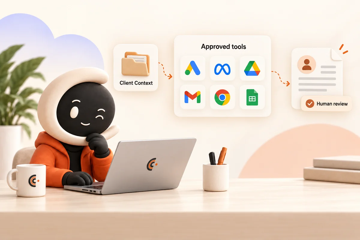 Ollie works with client Context, a selection of service tools and human review in a company-controlled workspace.