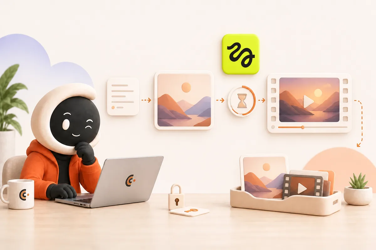 Ollie works at a laptop while a prompt card becomes a generated landscape image, a render timer and a finished video frame beneath a Higgsfield logo tile; the finished files return to a workspace tray and a padlocked key stays on the desk.