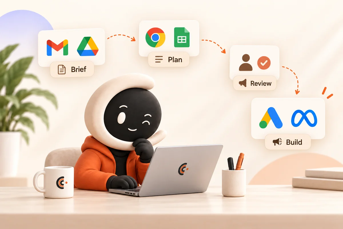 Ollie carries a client brief through planning and human review toward a campaign build, with Gmail, Drive, Chrome, Sheets, Google Ads and Meta.
