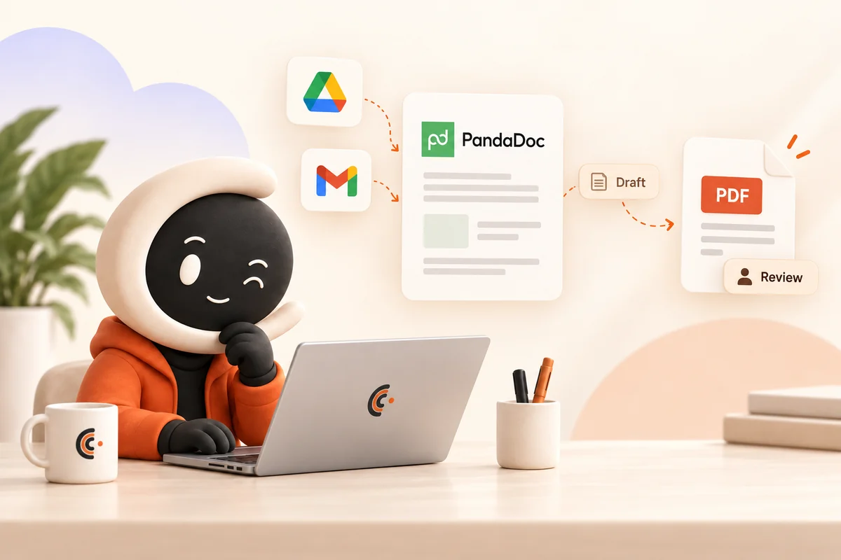 Ollie works on a PandaDoc draft and PDF for review, with Google Drive and Gmail shown as possible surrounding tools.