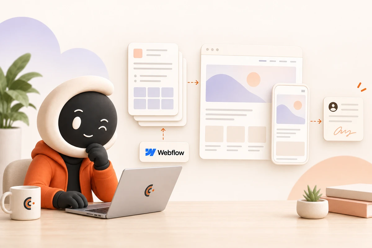 Ollie prepares structured Webflow site and CMS work, checks a desktop and mobile page, and leaves the result for human review.