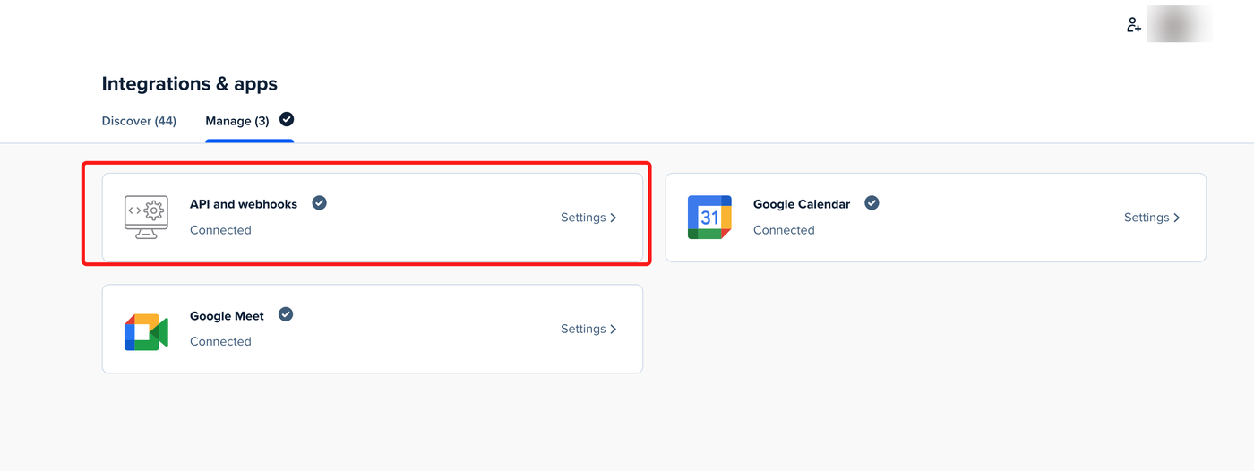 Calendly Integrations and apps Manage tab with the API and webhooks card highlighted.