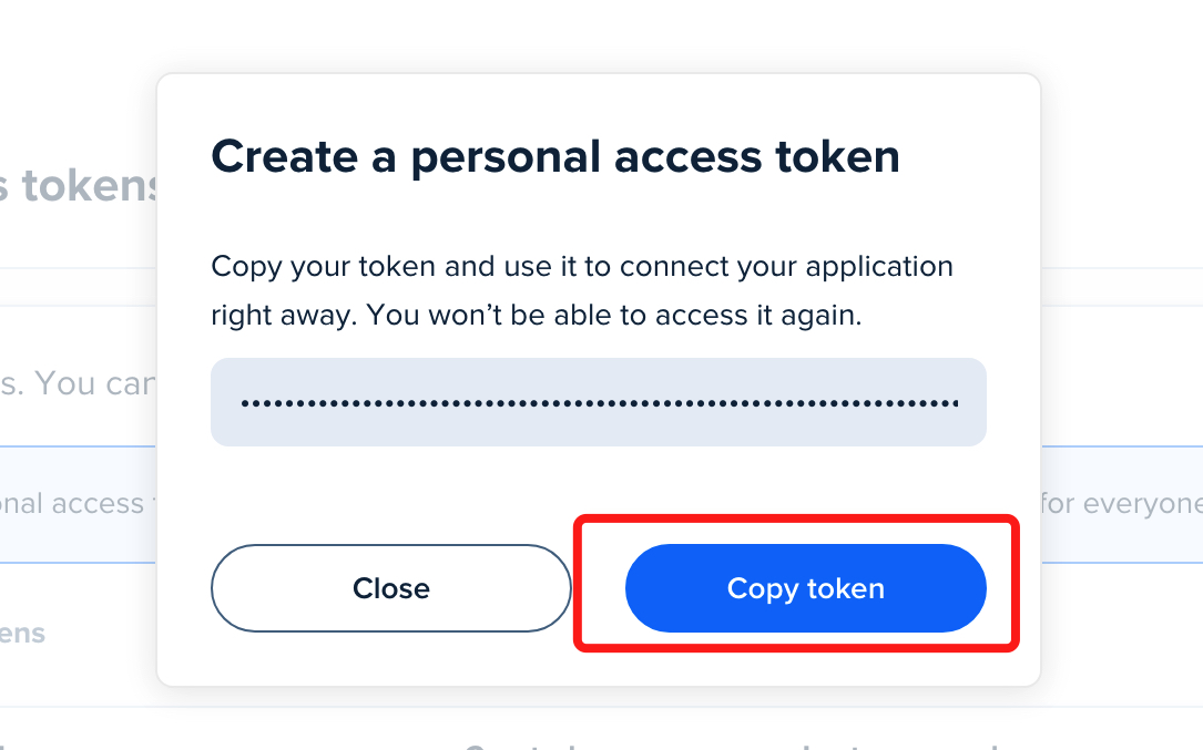 Calendly Create a personal access token confirmation with the masked token and the Copy token button highlighted.
