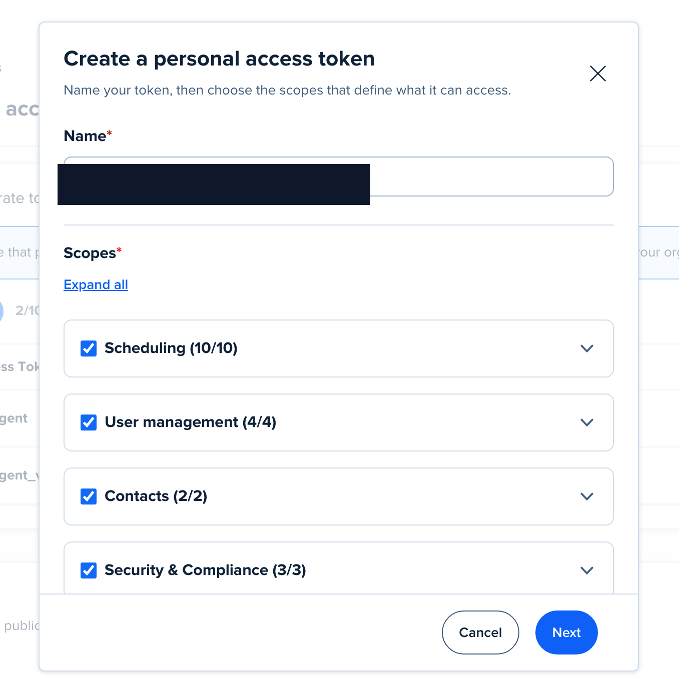 Calendly Create a personal access token dialog showing the token name field and Scheduling, User management, Contacts, and Security and Compliance scopes selected.