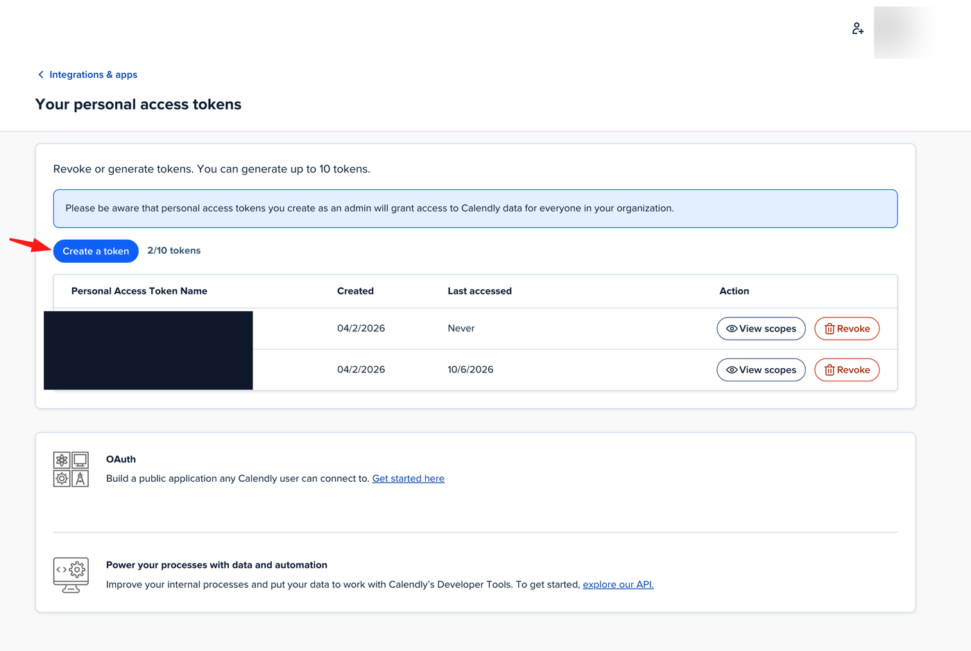 Calendly Your personal access tokens page with the Create a token button highlighted.