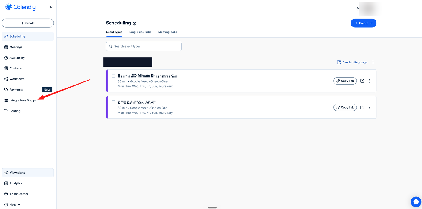 Calendly left sidebar with Integrations and apps highlighted, on the Scheduling screen.