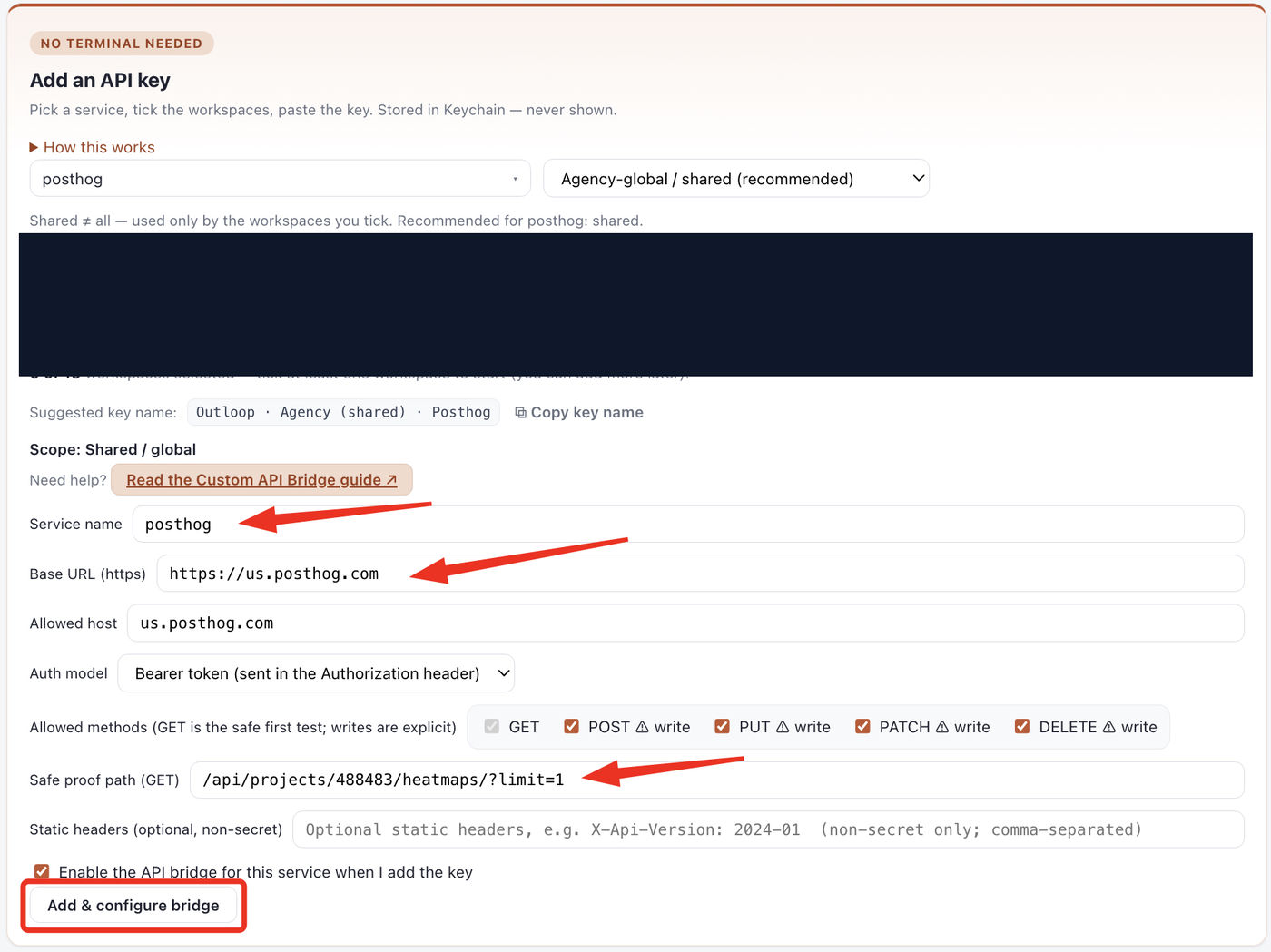 Add PostHog as a custom API service in Outloop, with base URL, allowed host, Bearer auth, allowed methods, and a safe proof path; the workspace list is redacted.