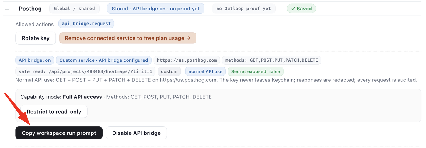 Copy workspace run prompt for the approved PostHog custom API, with API bridge on and full approved methods.