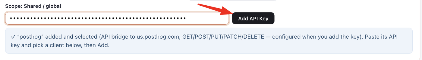 Paste the API key into Outloop and save it locally; the key field is masked and the bridge is configured.