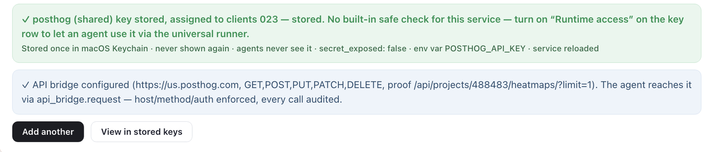 Custom API key saved in Outloop with secret exposed false and a View in stored keys button.