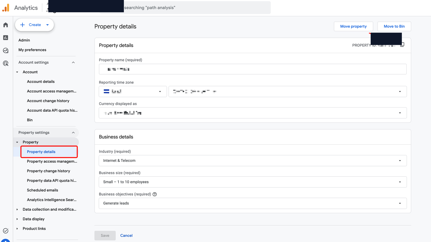 Google Analytics Admin Property details page with the numeric PROPERTY ID and copy icon at the top right (value redacted).