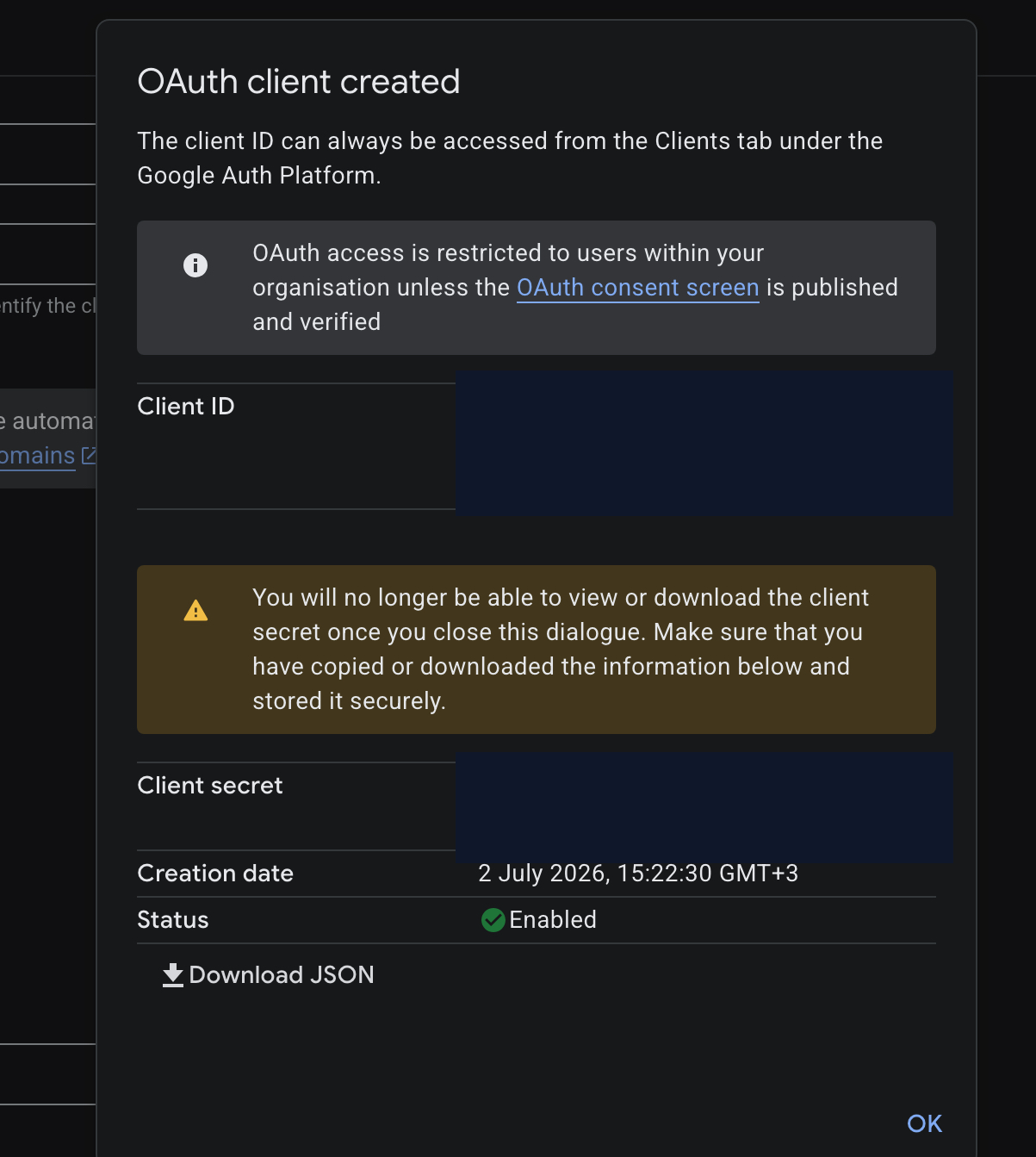 OAuth client created dialog in Google Cloud for the Gmail client with the client ID and client secret values redacted.