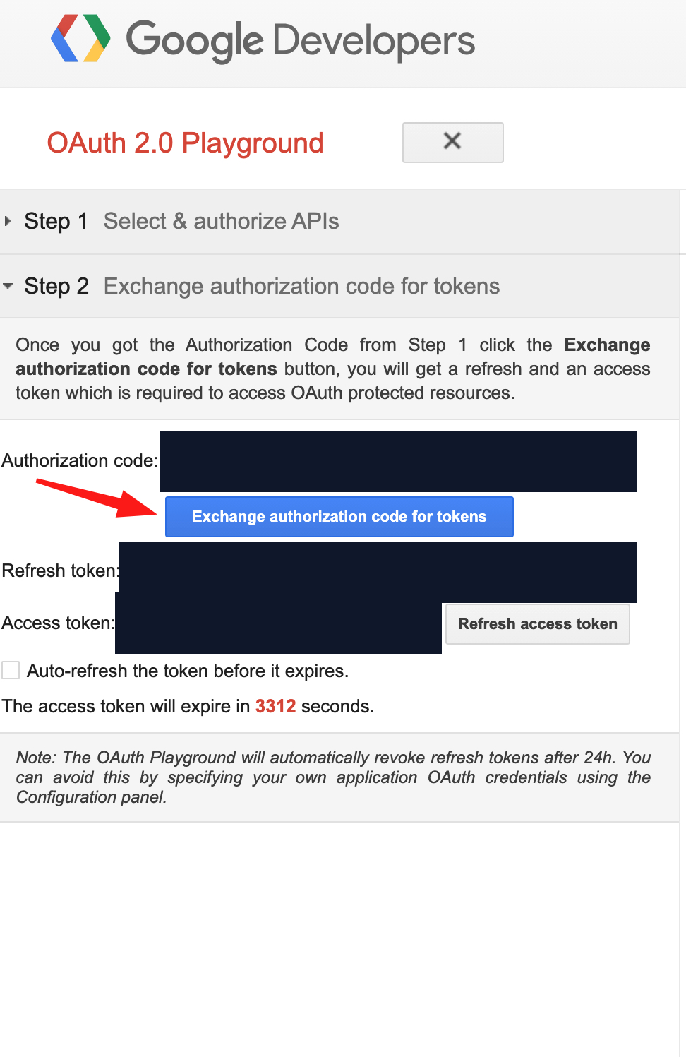 Exchange Gmail authorization code for refresh token in OAuth Playground with the token values redacted.
