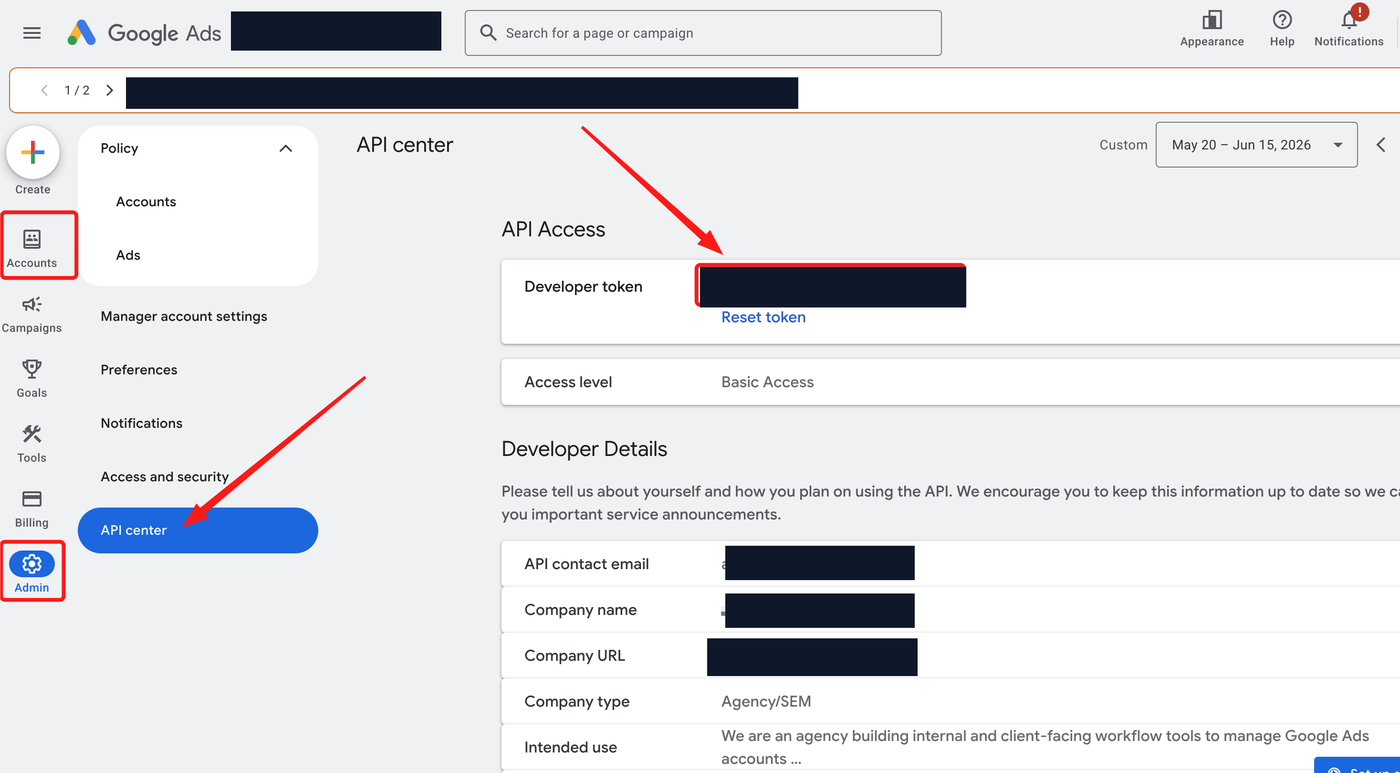 Google Ads MCC manager account API center showing the Developer token field, Reset token link, and Basic Access level, with the token value, account name, and contact details redacted.