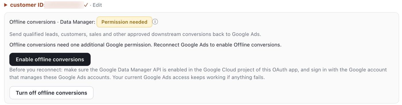 Outloop Google Ads key showing Offline conversions · Data Manager with a Permission needed status and the Enable offline conversions button; the customer ID is blurred.
