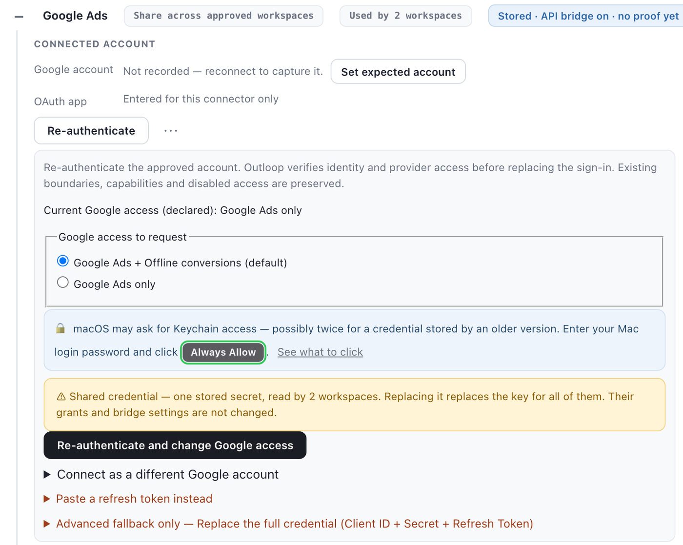 Outloop Re-authenticate panel for a shared Google Ads credential with Google Ads + Offline conversions (default) selected, a shared-credential warning, and the Re-authenticate and change Google access button.
