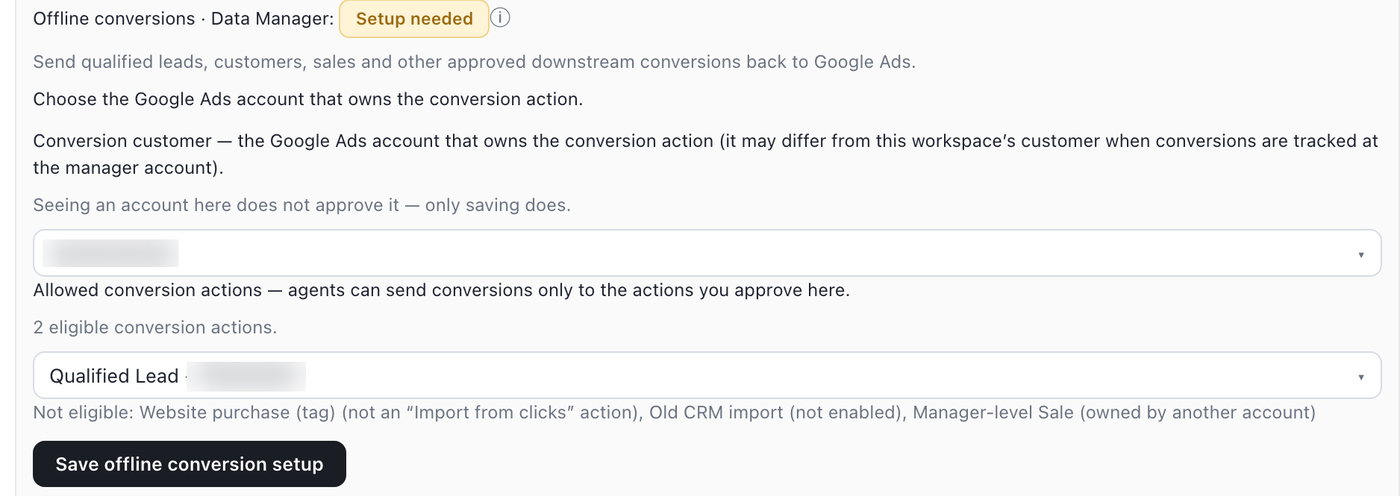Outloop allowed conversion actions picker with Qualified Lead selected and a Not eligible line explaining why other conversion actions cannot be used; IDs blurred.