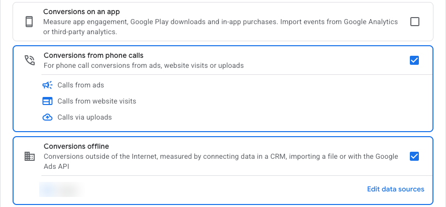 Google Ads Choose data sources to measure conversions step with Conversions offline selected — conversions measured by connecting data in a CRM, importing a file or with the Google Ads API.