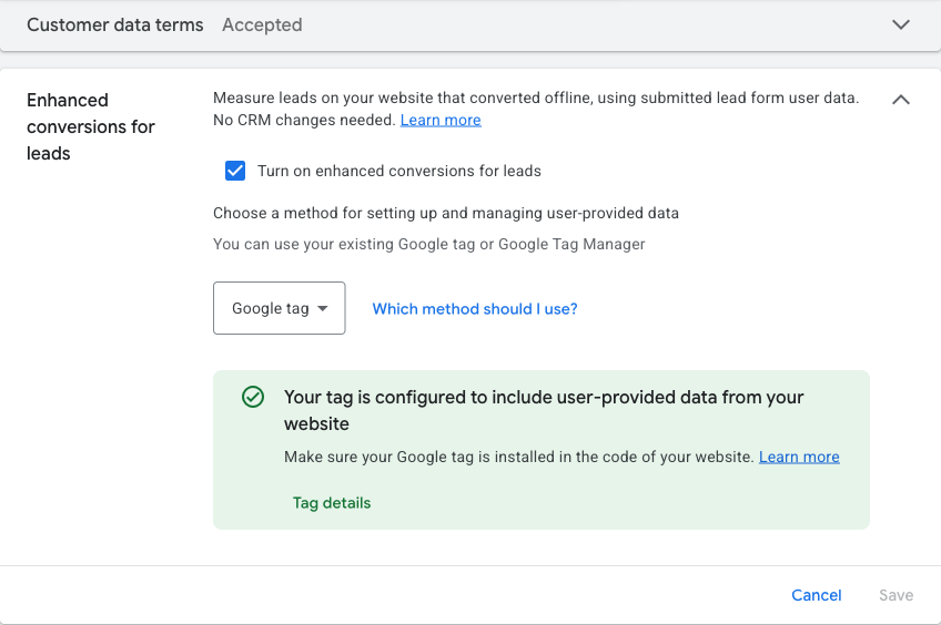 Google Ads Goals Settings with Customer data terms accepted and the Enhanced conversions for leads panel open, showing the Turn on enhanced conversions for leads checkbox and the method picker set to Google tag.