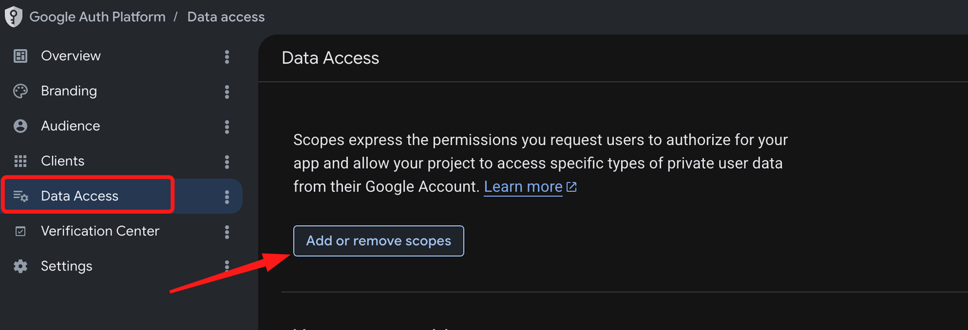 Google Auth Platform Data Access page with the Add or remove scopes button for the YouTube Data API.