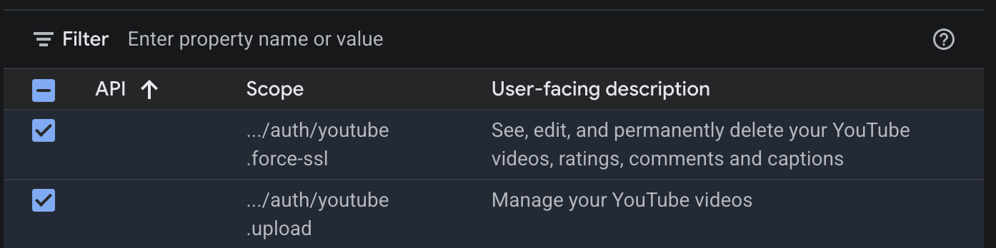YouTube OAuth scopes youtube.force-ssl and youtube.upload selected in the Google Auth Platform scope table before clicking Update.