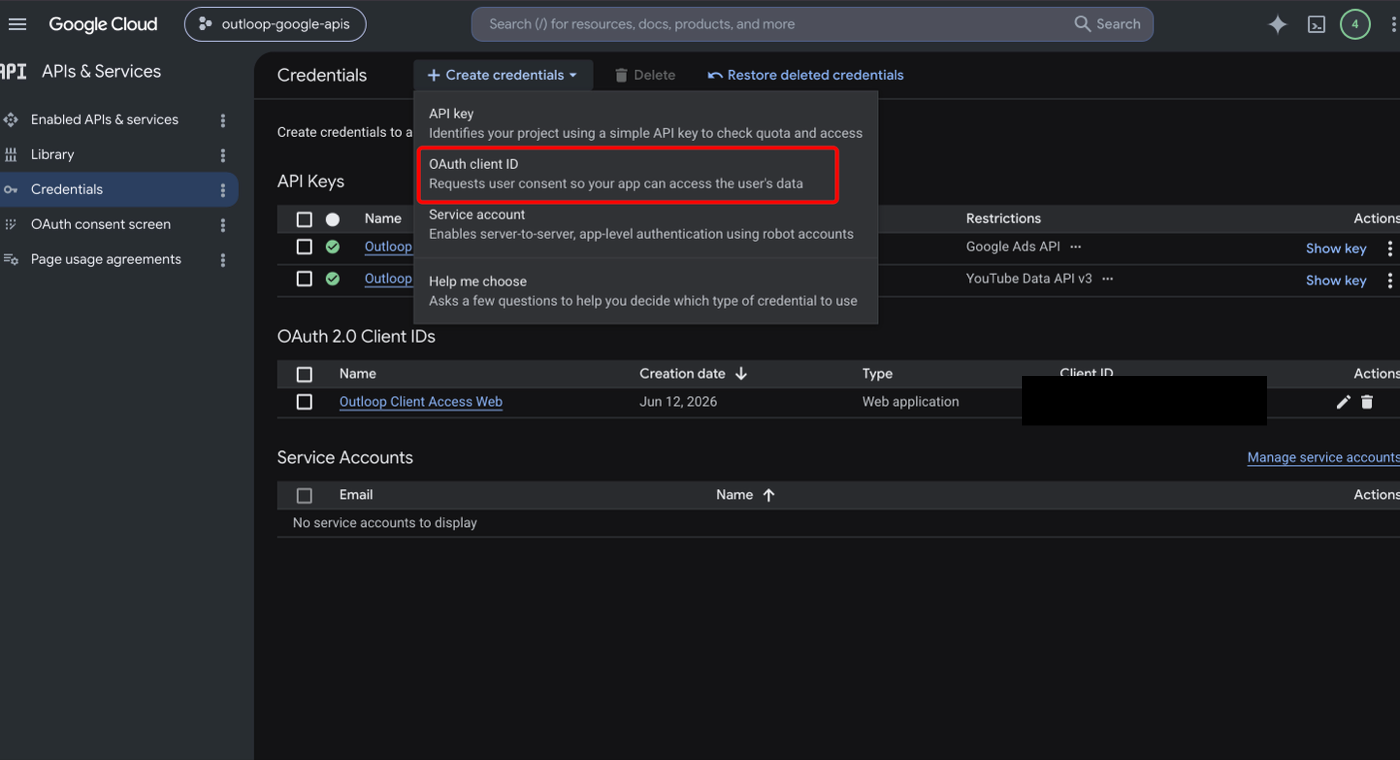 Google Cloud Credentials page with the Create credentials menu open and OAuth client ID highlighted.