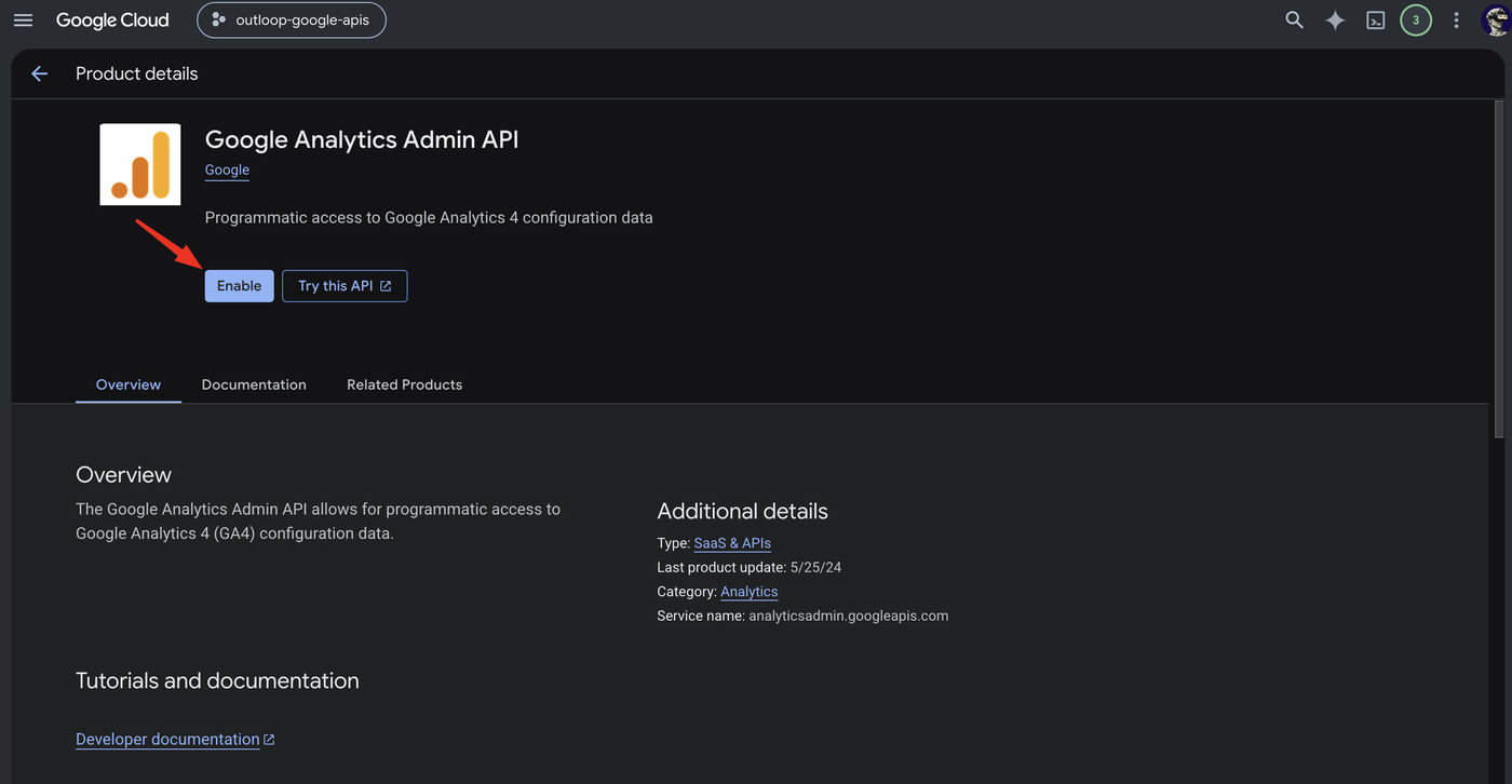 Google Cloud product details page for the Google Analytics Admin API with the Enable button highlighted.