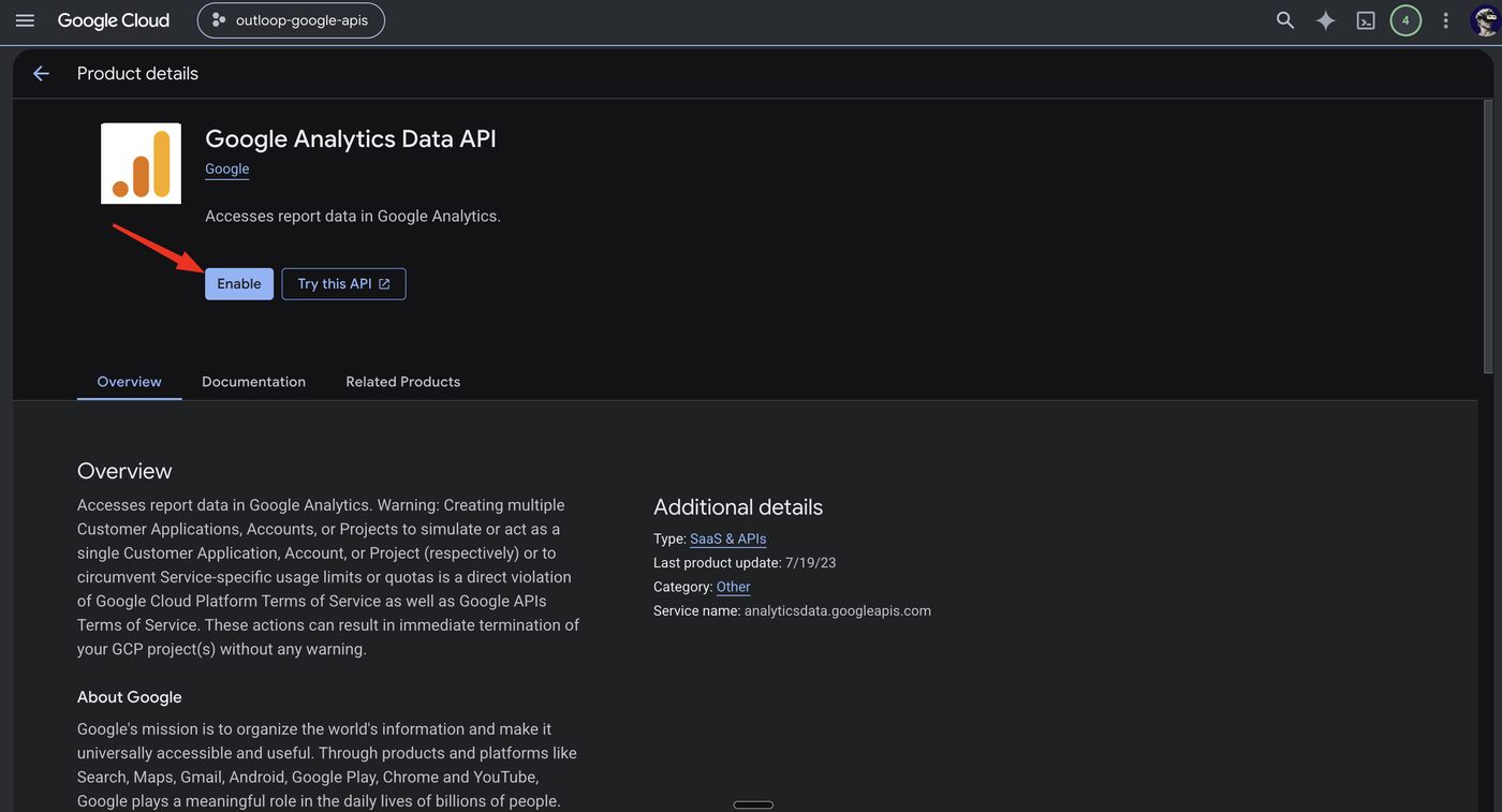 Google Cloud product details page for the Google Analytics Data API with the Enable button highlighted.