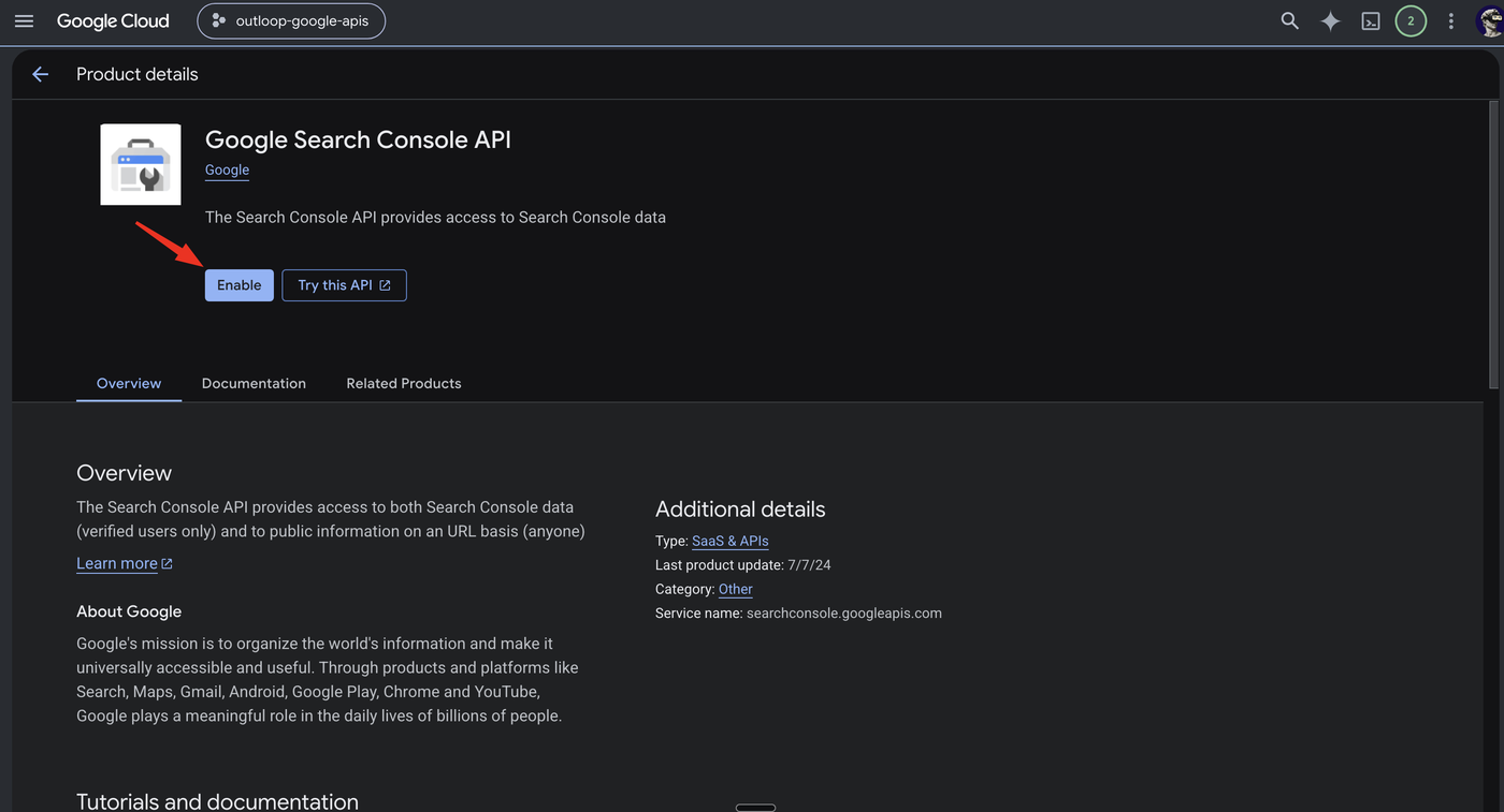 Google Search Console API product page in Google Cloud with the Enable button highlighted.