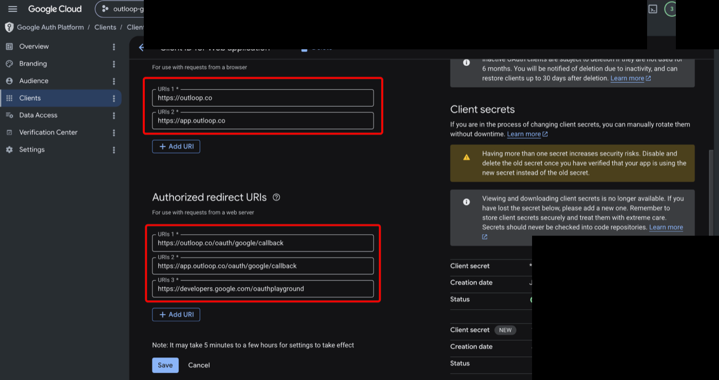 Google Cloud OAuth client showing the OAuth Playground URL added to Authorized redirect URIs, with client ID and secrets redacted.