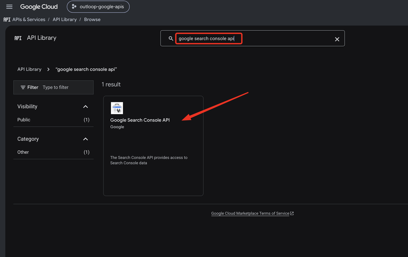 Google Cloud API Library search result for the Google Search Console API.