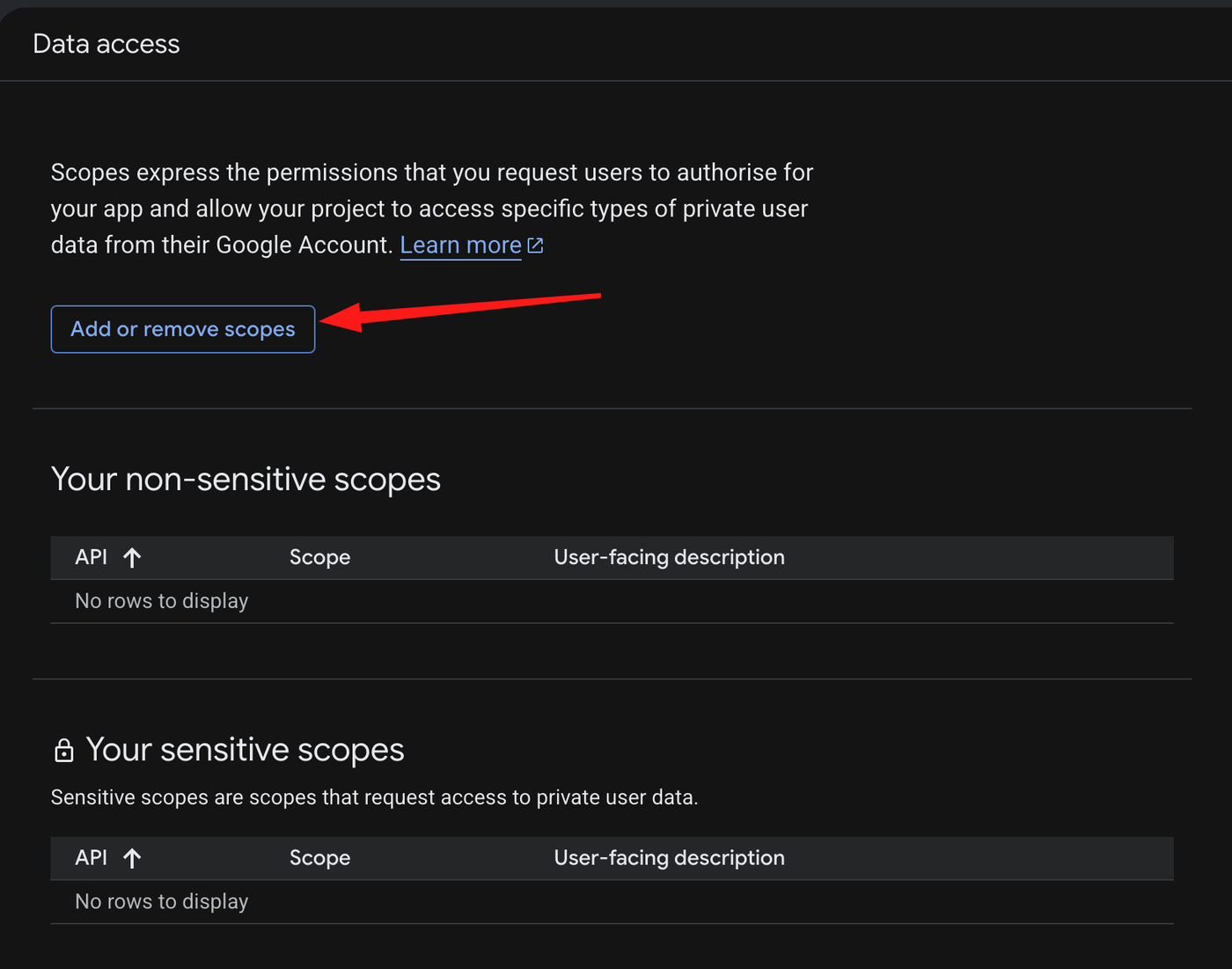 Google Auth Platform Data access page with the Add or remove scopes button highlighted.