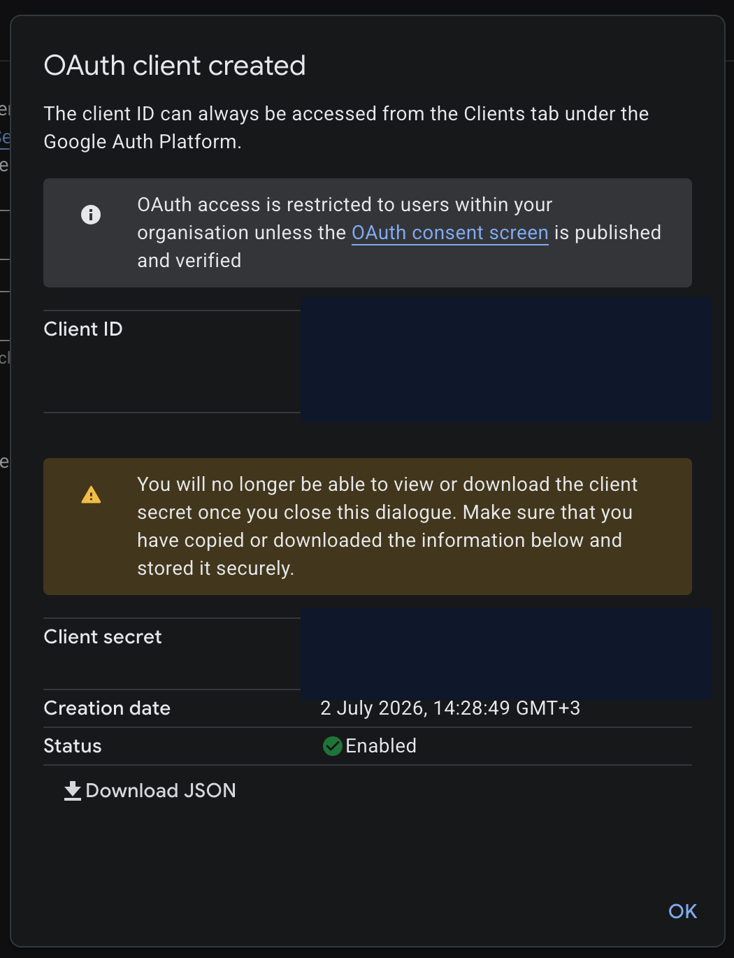 OAuth client created dialog in Google Cloud with the client ID and client secret values redacted.