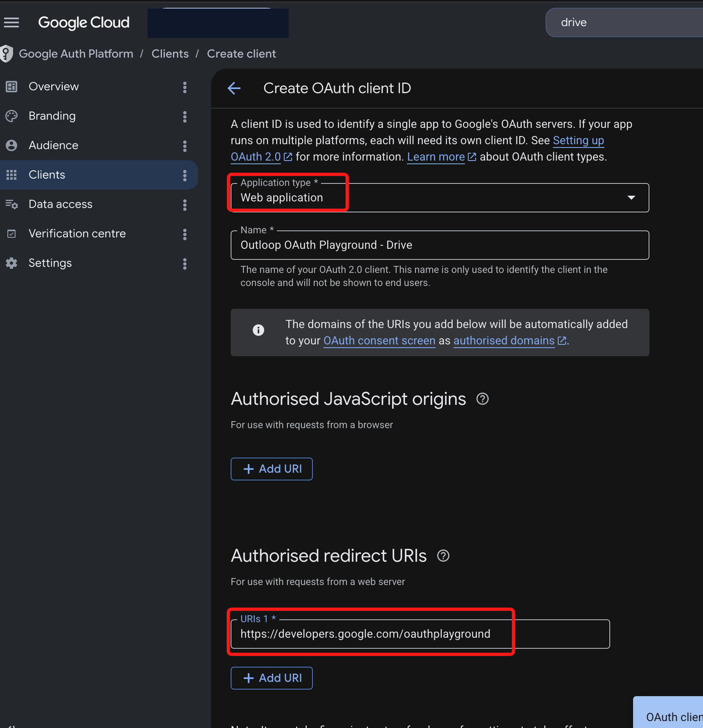 Create OAuth client ID form in Google Cloud with Web application type selected and the OAuth Playground redirect URI added.