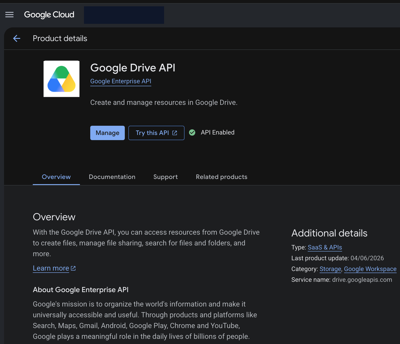 Google Cloud product details page for the Google Drive API showing the green API Enabled badge.