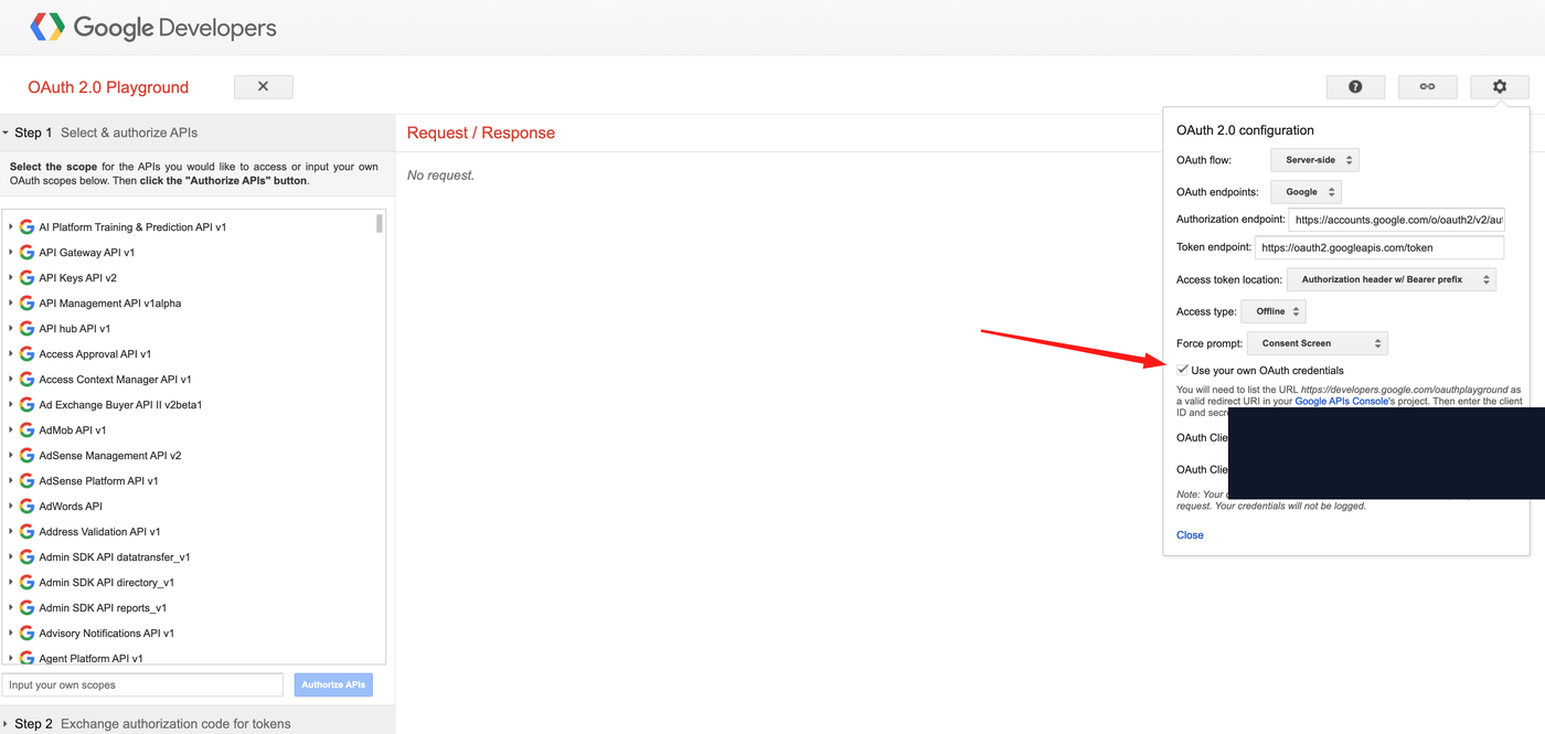 Google OAuth Playground configuration panel with Offline access, Consent Screen prompt, Use your own OAuth credentials checked, and the client ID and secret fields redacted.