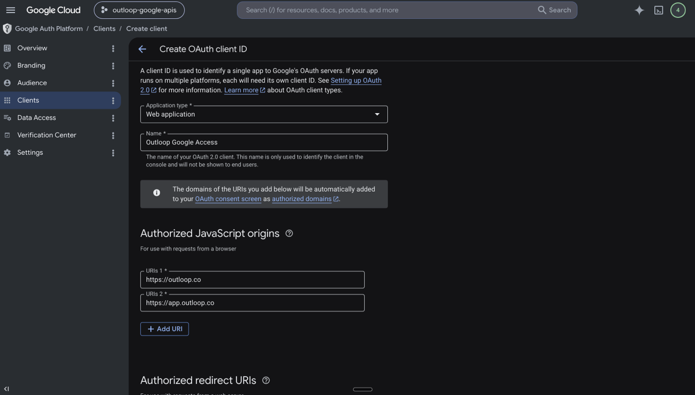 Google Cloud Create OAuth client ID form with Web application type and authorized JavaScript origins filled in.