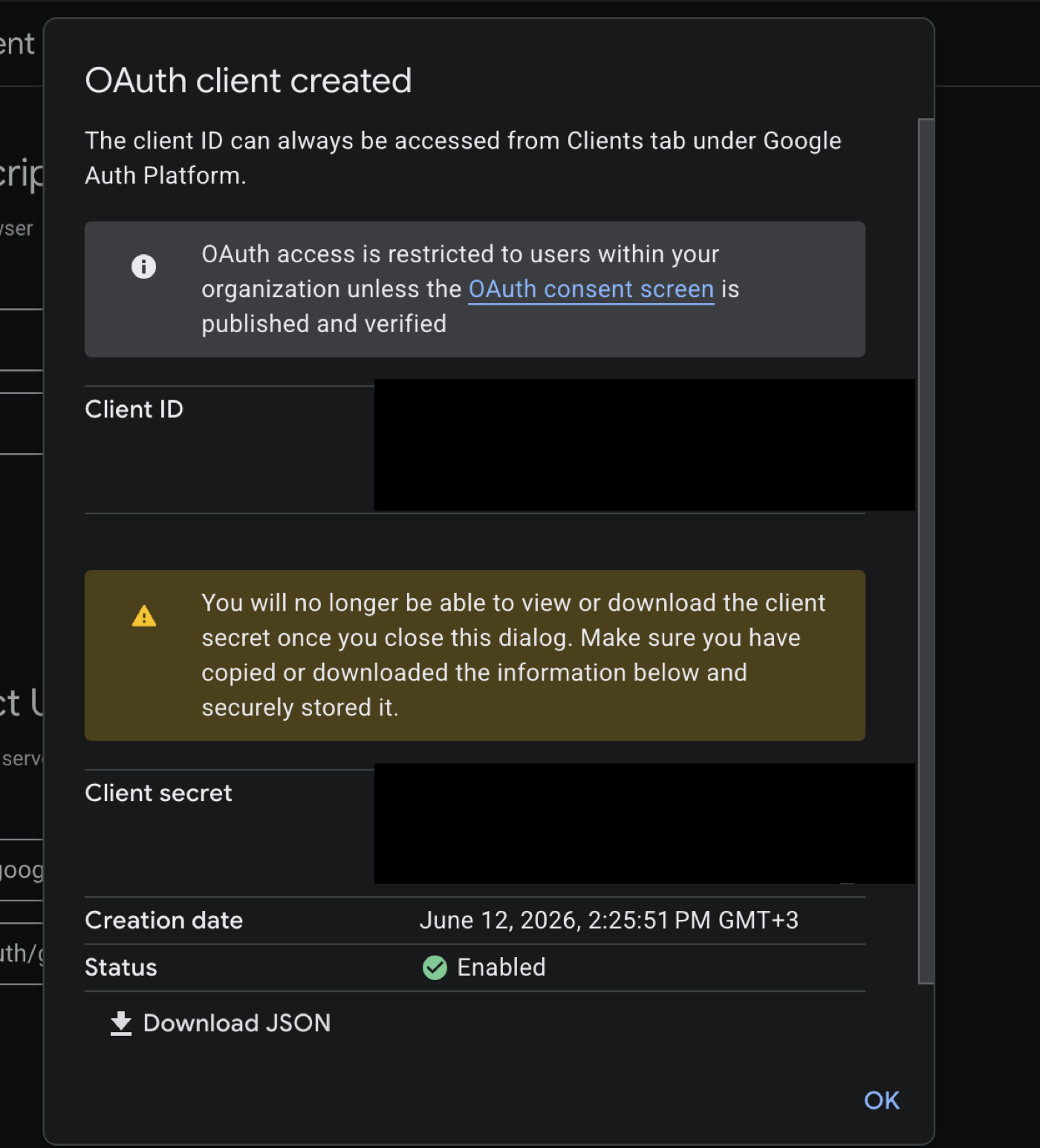 Google Cloud OAuth client created dialog with the client ID and client secret values fully redacted.