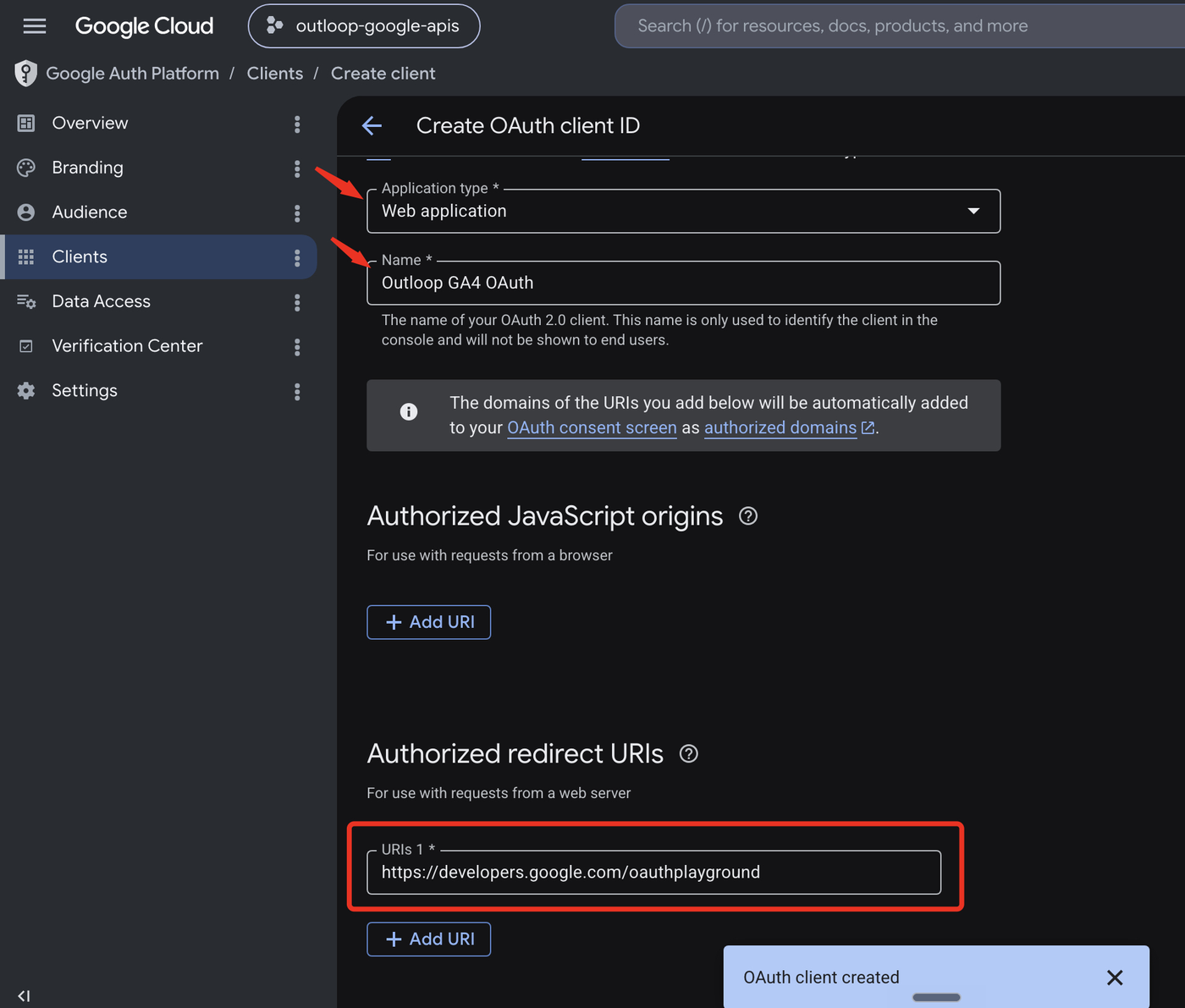 Create OAuth client ID form named Outloop GA4 OAuth with the OAuth Playground redirect URI added.