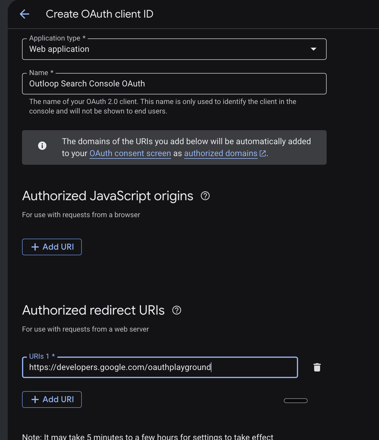 Create OAuth client ID form named Outloop Search Console OAuth with the OAuth Playground redirect URI added.