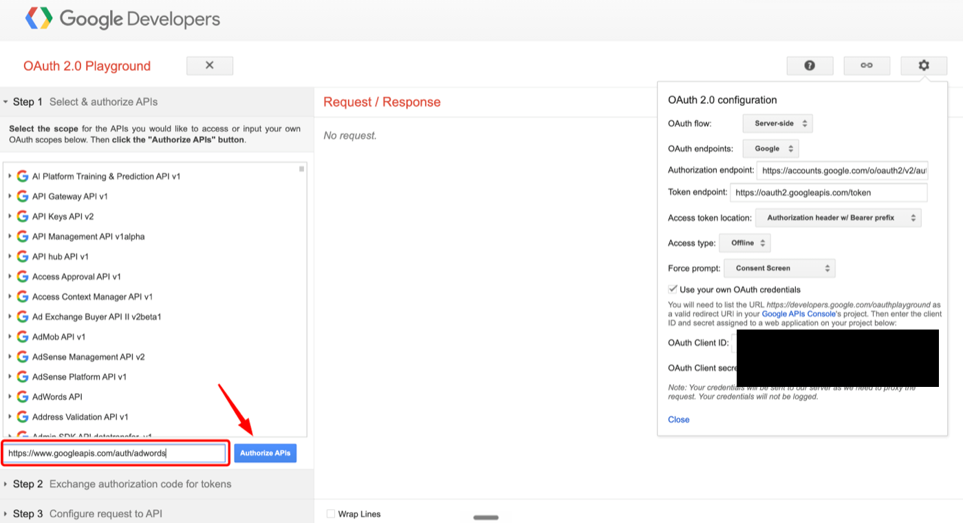 OAuth Playground with the adwords scope entered in the scope field and the Authorize APIs button highlighted; credential values redacted.