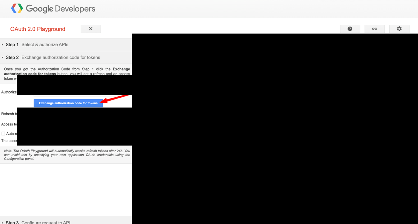 OAuth Playground Step 2 showing the Exchange authorization code for tokens button, with all token values and the request and response panel fully redacted.