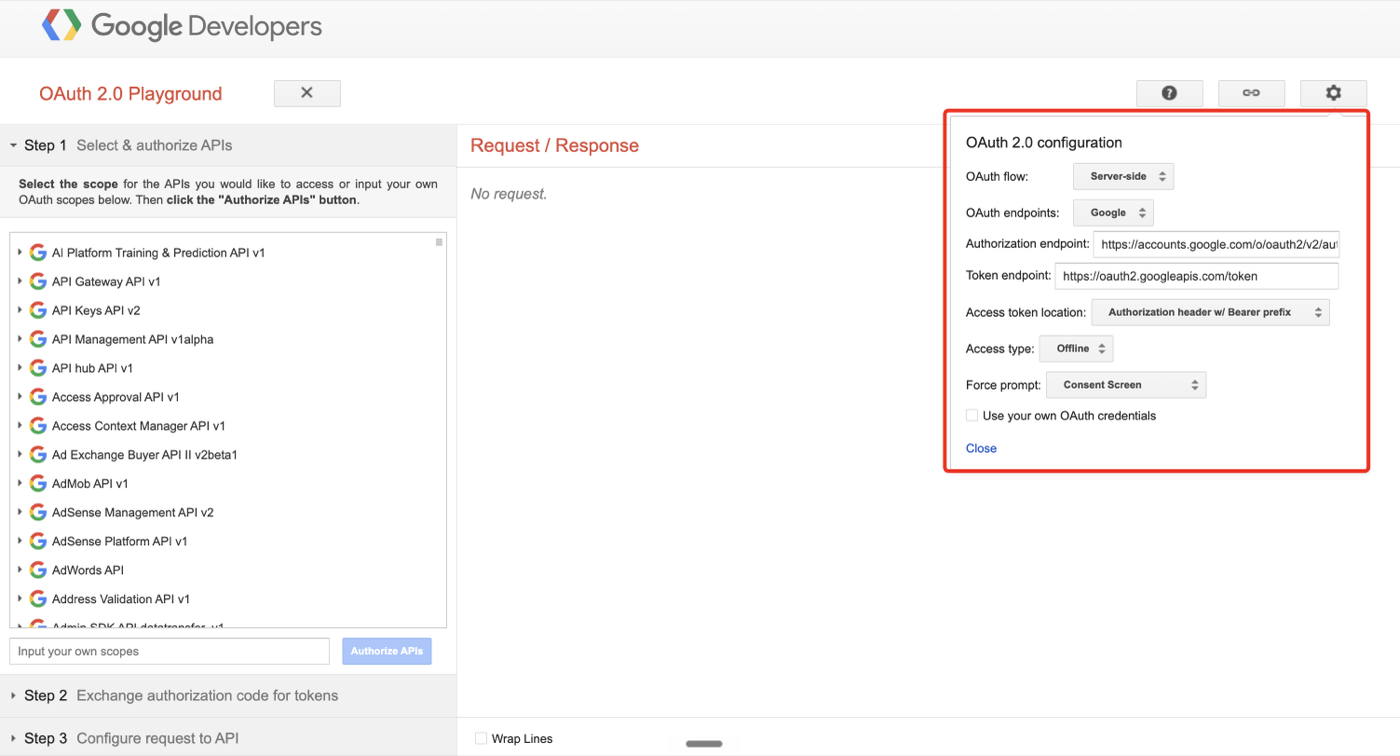 OAuth Playground configuration panel with Server-side flow, Google endpoints, Offline access type, and Consent Screen force prompt.