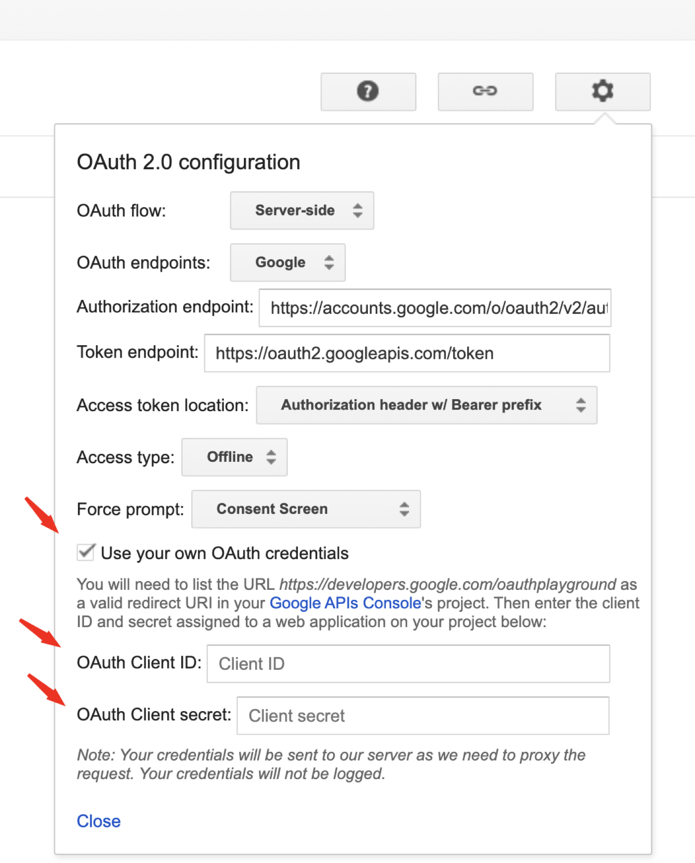OAuth Playground settings with Use your own OAuth credentials checked and empty Client ID and Client secret fields.