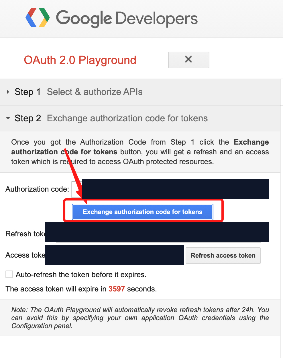 Google OAuth Playground Step 2 exchanging the authorization code for a YouTube refresh token, with the authorization code, refresh token and access token redacted.