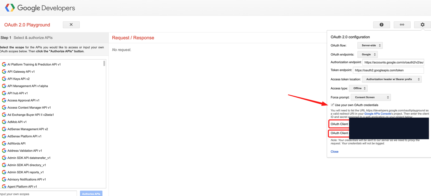 Google OAuth Playground configuration with Use your own OAuth credentials checked, Access type Offline and Force prompt Consent Screen; client ID and secret redacted.