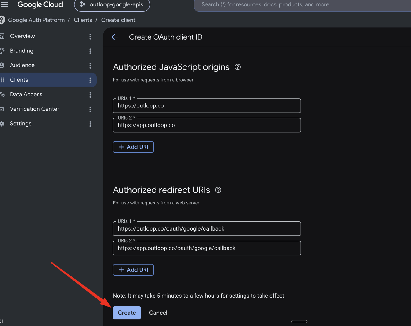 Google Cloud OAuth client form showing authorized redirect URIs before clicking Create.