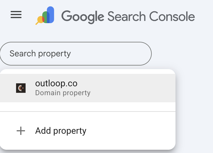 Google Search Console property dropdown showing a Domain property.