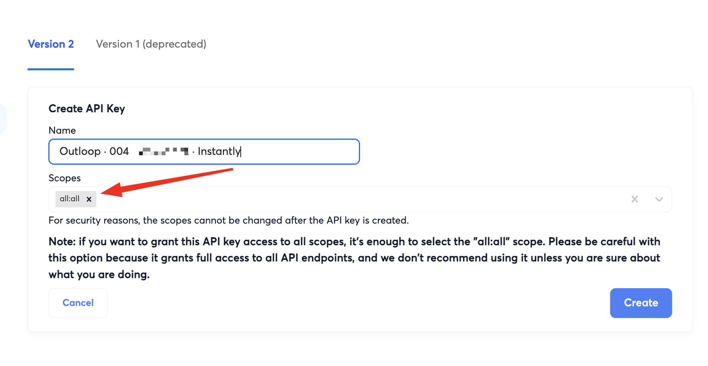 Instantly Create API Key dialog showing the key name field and the all:all scope selected.