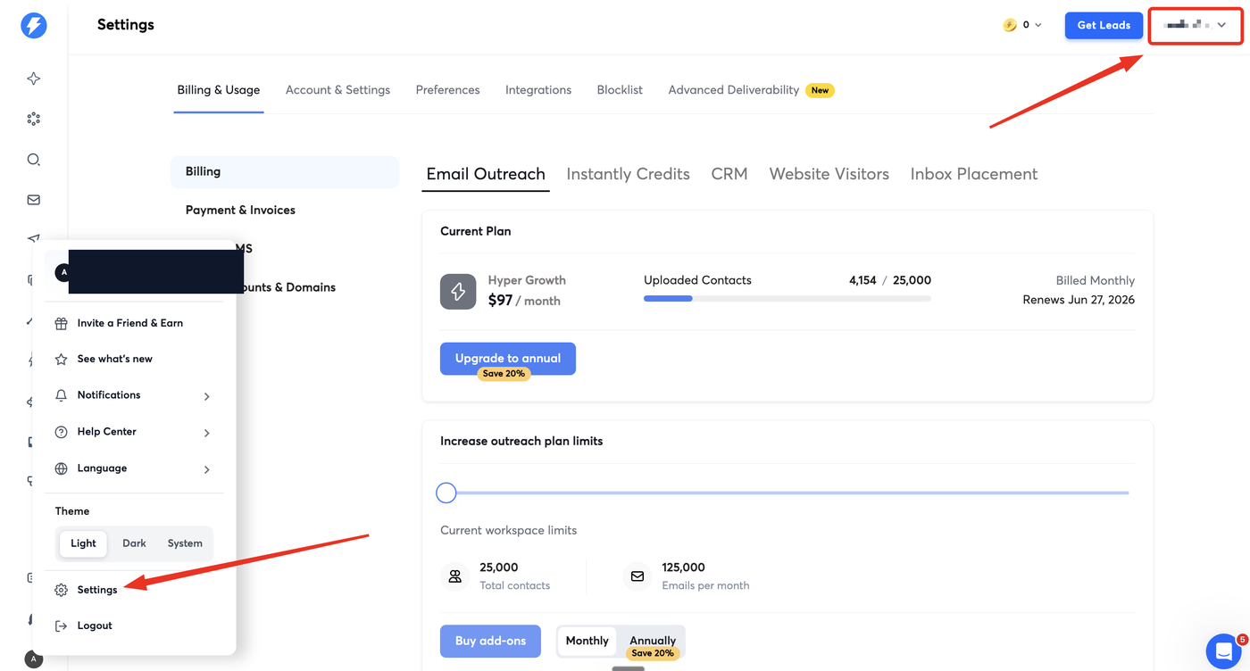 Instantly Settings with the account menu open and the Settings link highlighted.